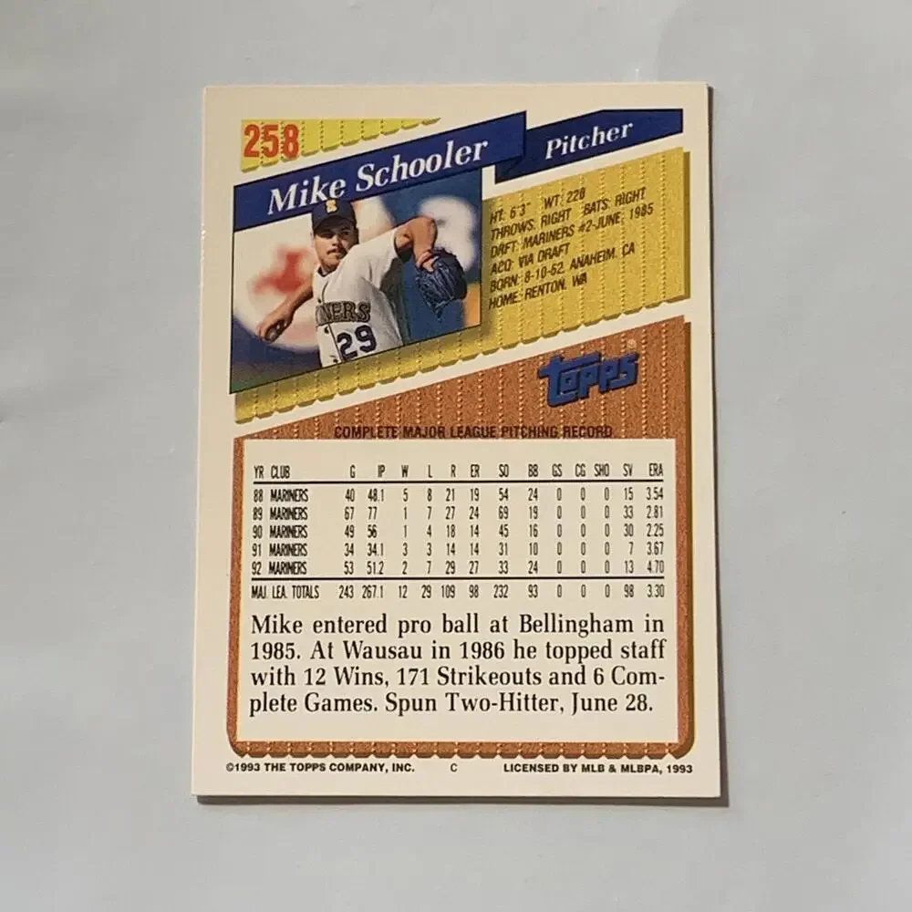 1993 Topps Mike Schooler Mariners Baseball‎ Card #258